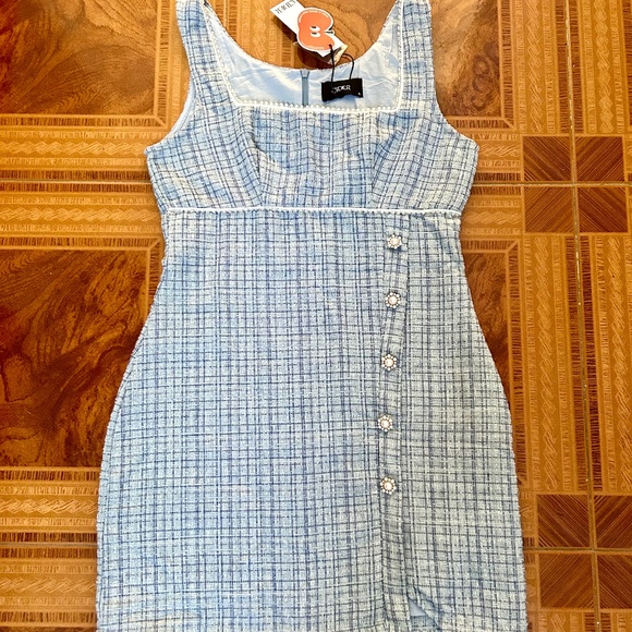 NWT CIDER Blue Tweed with Faux Pearl and Rhinestones Mini Dress Size Small - Picture 4 of 11